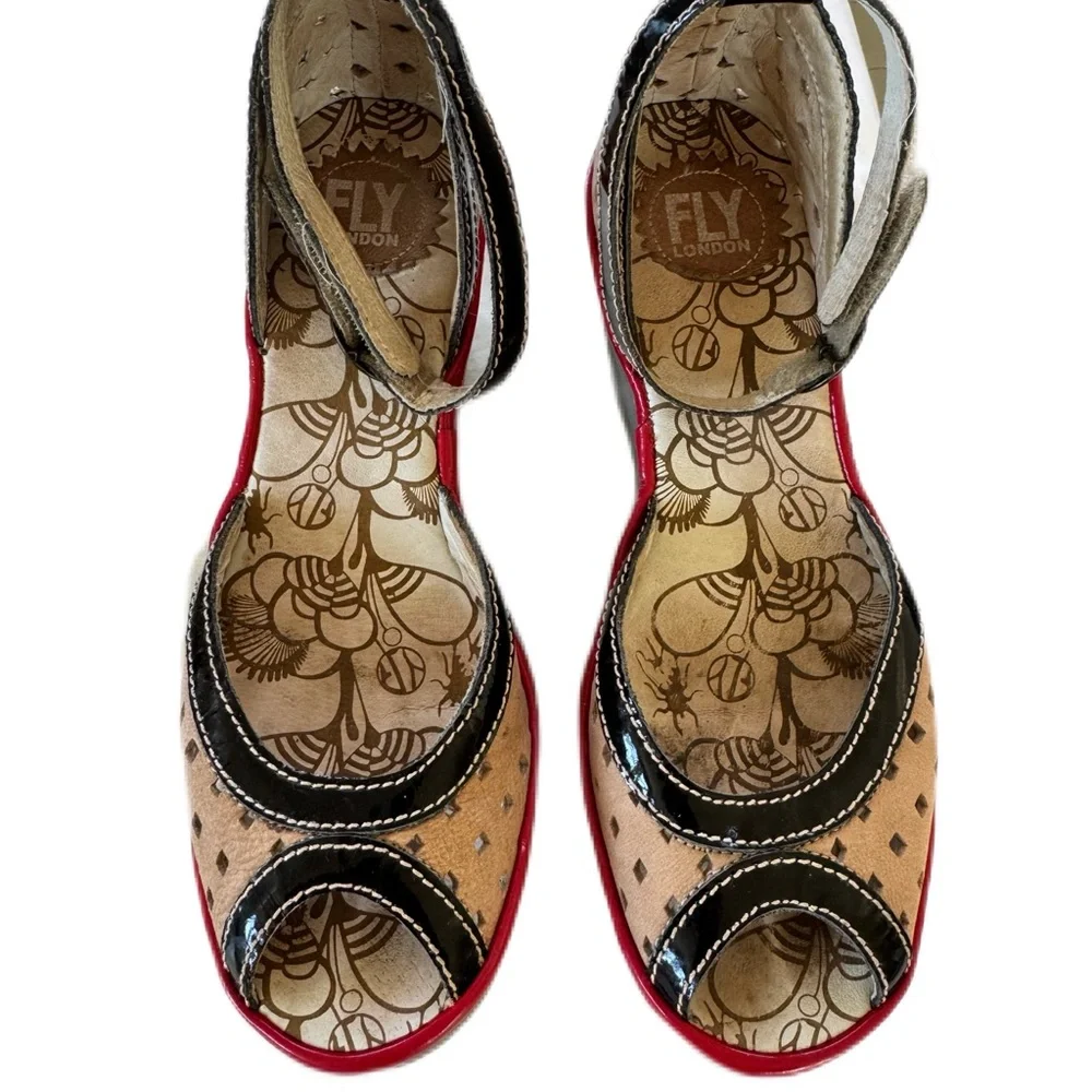 Fly London Ydel Tan/Black/Red Perforated Leather Peep Toe Wedges Size 38